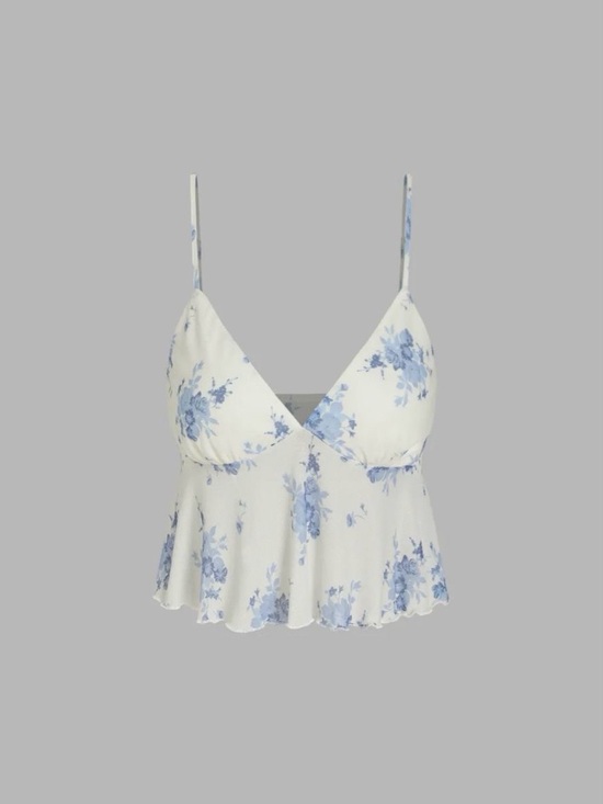 Cider Tops - Cider White Cami Top with Blue Floral Print Size Small